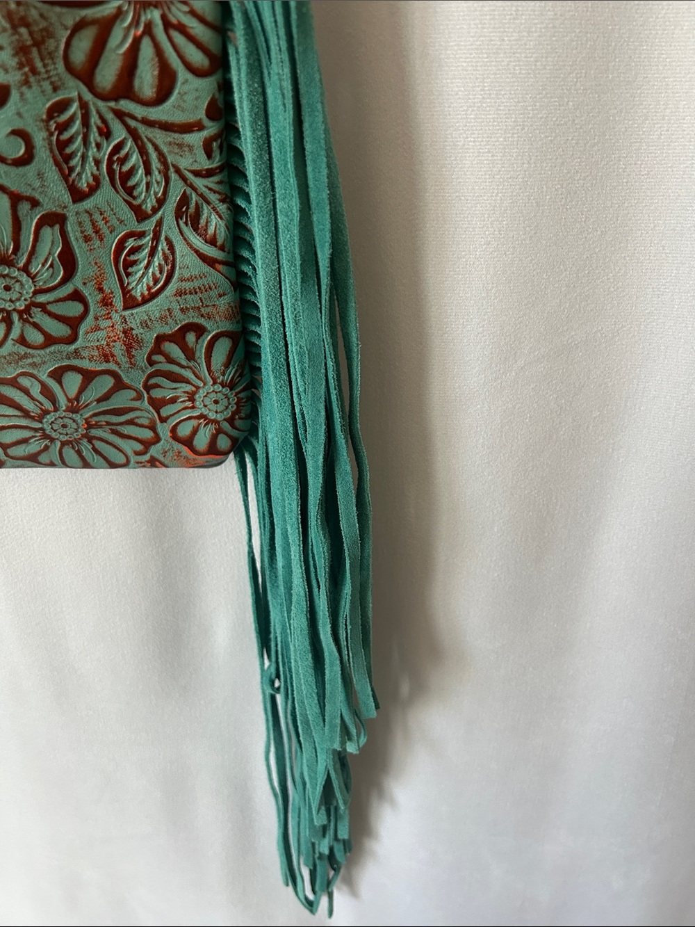 Myra Bag NWT Turquoise Floral Tooled Leather Suede Fringe Crossbody Bag w/ Pouch - Picture 6 of 9